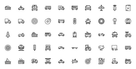 Transport icon set. Minimal line vector collection. Includes Boat, Police car, School bus, Ambulance, Plane, Train, Rocket, Ship, Taxi, Submarine, and more. Editable stroke. © wang