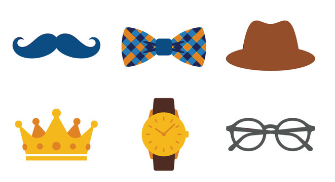 set of gentleman accessories including bow tie hat crown watch glasses and mustache