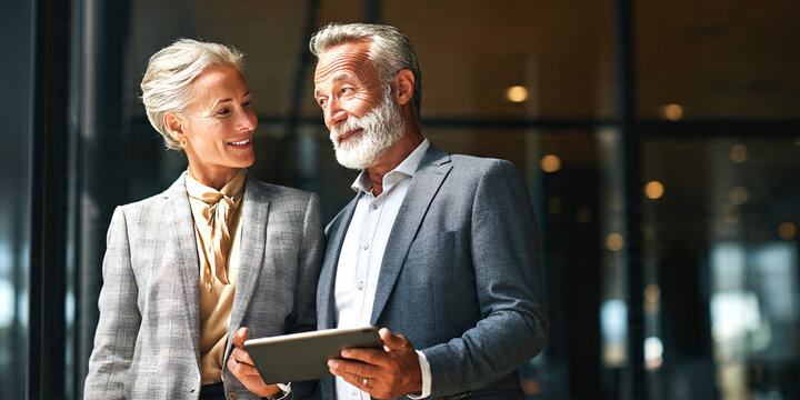 Mature business partners, professional businessman and European businesswoman, discussing project on digital tablet while standing in modern office.analyzing data and sharing ideas.