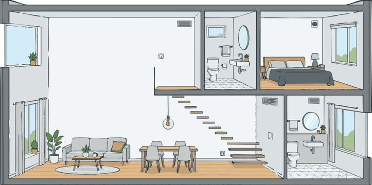 Architect's Sketch: Split-Level Contemporary House Interior Cutaway