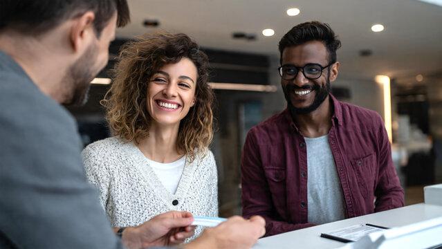 Happy couple receiving passports, flight tickets, and travel visas in  travel agency. Smiling partners celebrating successful travel planning and document approval. Tourism,travel concept 