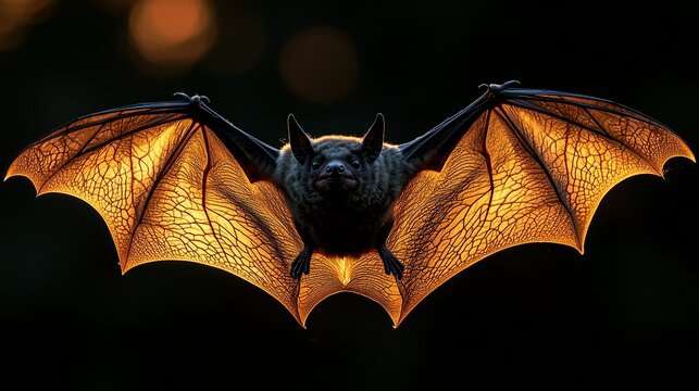 Dramatic close-up of a bat flying with wings fully spread, backlit to reveal glowing membrane veins and fine texture against a dark, blurred background
