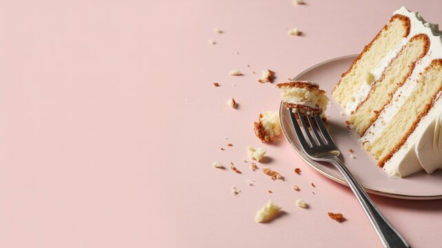 Partially Eaten Cake Slice with Fork on Pastel Background with Large Copy Space Showing Celebration Aftermath Concept

