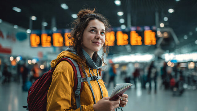 Woman traveler with backpack holding passport and boarding pass in airport terminal, looking at departure screen, modern airport,travel lifestyle,travel concept