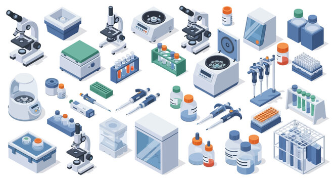 A comprehensive collection of laboratory equipment, including microscopes, centrifuges, pipettes, and test tubes, arranged in an isometric illustration.