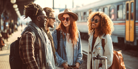Obraz premium Group of young friends waiting at train station platform with luggage, smiling and chatting before departure, railway transport, casual lifestyle, travel concept