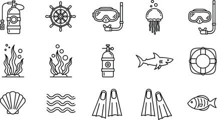 Scuba Diving and Ocean Exploration Icons Set Featuring Dive Gear, Sharks, Jellyfish, and Marine Life for Underwater Adventure Designs © Lipi
