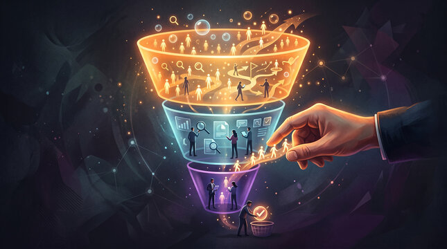 Business funnel with people, data analysis, and hand guiding progress.