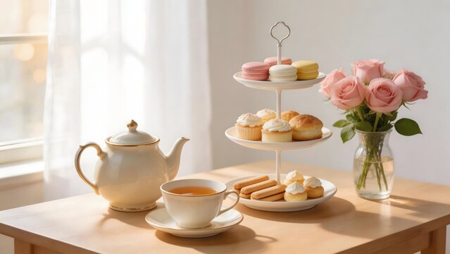 Tea set with pastries and flowers on table