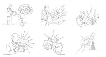 Obraz premium Continuous line drawing of businessman watering money tree with dollar coins representing investment growth and financial sustainability.