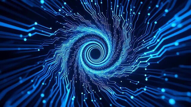 Spiral circuit pattern with blue glowing lines and nodes on black background