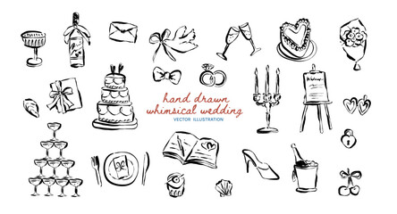 Hand-drawn Whimsical wedding doodle set, Sketch wedding items decoration for wedding invitation, party, menus, invitation, card and anniversary © Tanatphong