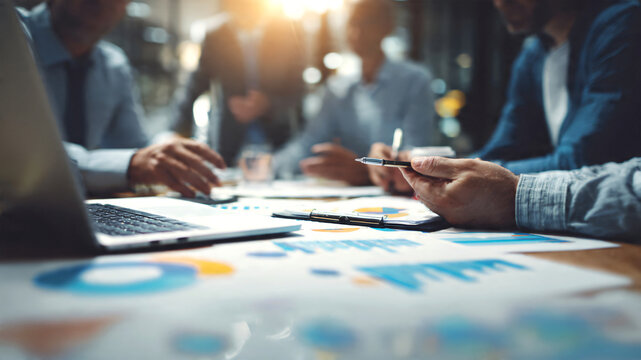 Busy modern office environment with diverse business people multitasking, collaborating, team members using laptops, smartphones and documents, networking and communication.