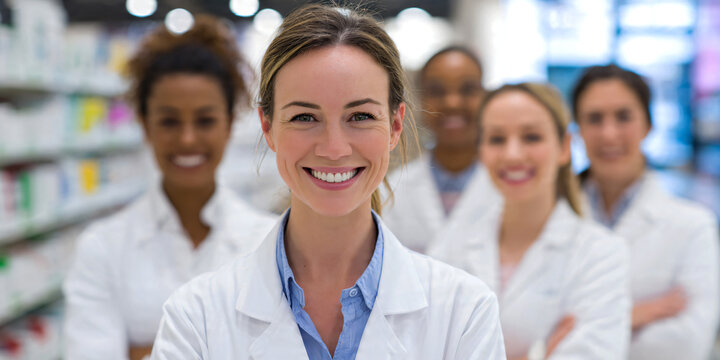 Group of smiling female pharmacists standing together in a modern pharmacy, wearing white coats teamwork and healthcare professionals. 