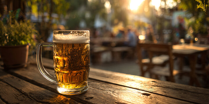 Glass of beer on wooden table. A bar in the garden with beer and a garden. People in the sunshine at golden hour.