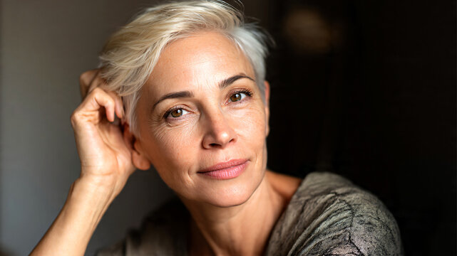 Portrait elegant senior woman in a cozy psychological therapy room, sitting and looking at the camera while gently touching her short blonde hair, mental health support and wellness concept.
 