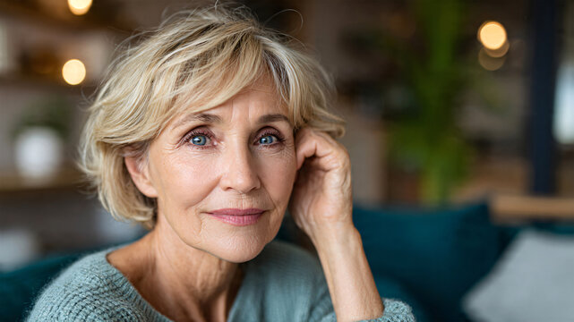 Portrait elegant senior woman in a cozy psychological therapy room, sitting and looking at the camera while gently touching her short blonde hair, mental health support and wellness concept.
 