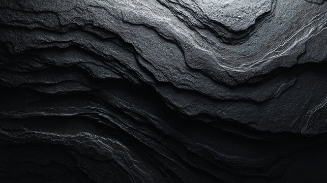 Abstract black stone texture background with dark natural rock surface, luxury black slate wall backdrop, rough grunge mineral texture, elegant matte stone pattern with dramatic shadow lighting and pr
