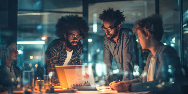 Busy modern office environment with diverse business people multitasking, collaborating, team members using laptops, smartphones and documents, networking and communication.