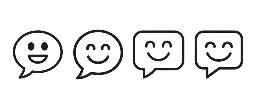 Smiling Chat Bubble Icons Set. Line Art Happy Faces for Digital Communication, Social Media, and Positive Feedback.