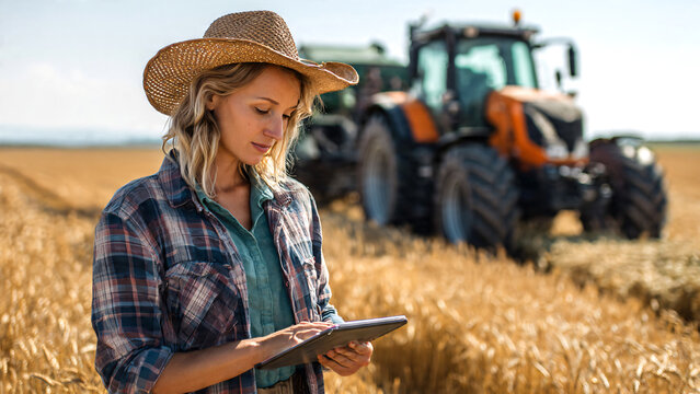 Farmer woman with tablet working in field. Concept of technology in agriculture. 