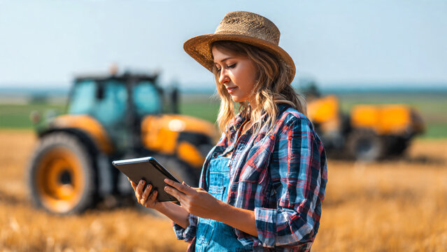 Farmer woman with tablet working in field. Concept of technology in agriculture. 