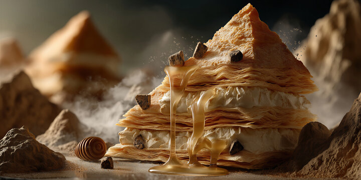 Sweet layered treat with toppings. Crispy baked layers topped with caramel and cream
