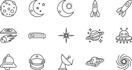 Space Exploration and Astronomy Icons Set Featuring Rockets, Planets, Stars, UFOs, and Astronauts for Sci-Fi and Cosmic Designs © Lipi
