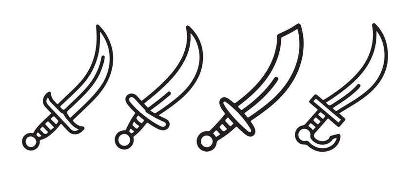 Set of minimalist line art curved swords, including sabers and scimitars, on a clean white background, representing ancient weaponry, adventure, or fantasy themes.