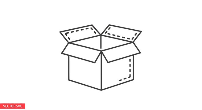 Open cardboard box icon, simple line art, isolated on white background