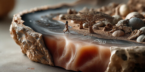 Fototapeta premium Diminutive traveler exploring detailed gemstone environment with reflective water scene