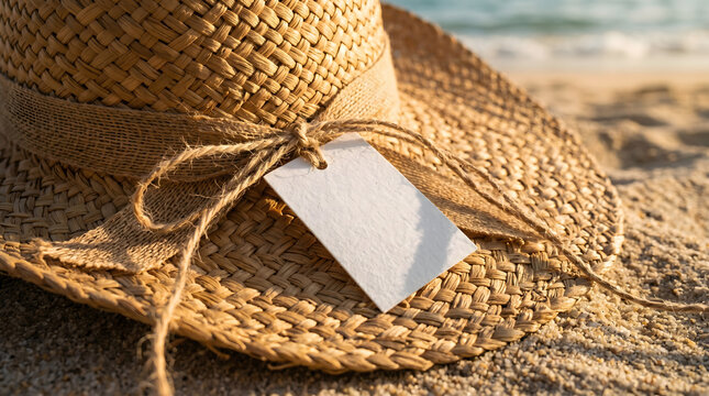 Close-up of a woven straw sun hat with a blank white paper tag resting on a sandy beach during a sunny summer vacation.
