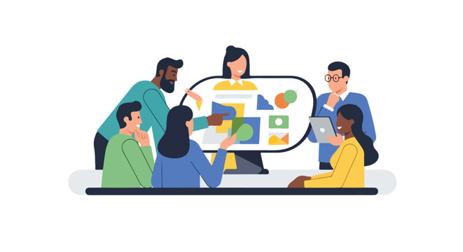 A diverse group of professionals collaborating around a digital screen to analyze data and share ideas in a bright and modern office environment.