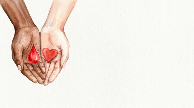 Two hands holding a blood drop and heart watercolor artwork for world blood donor day banner and charity background design
