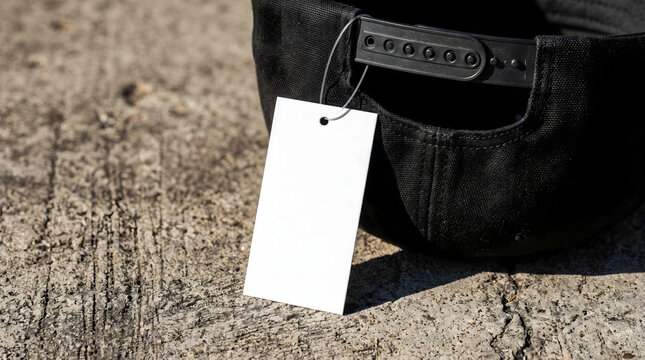 Blank white price tag mockup attached to a black snapback baseball cap resting on a textured urban concrete ground surface outdoors.