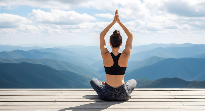 Woman practices yoga on mountain deck with serene landscape view