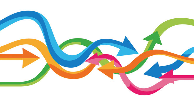 Colorful Arrows Flowing and Intertwining on White Background