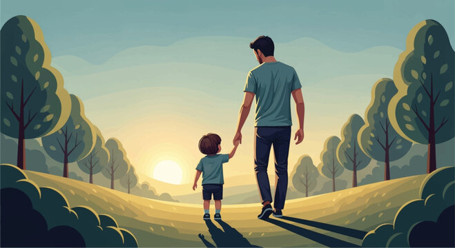 Father, son, walking, hand in hand, sunset, landscape, illustration, vector