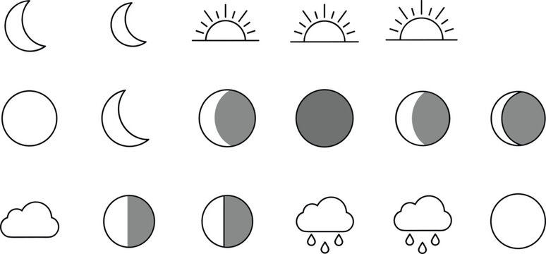 Weather and Moon Phases Icons Set Featuring Crescent, Full Moon, Clouds, and Sunrise for Environmental and Seasonal Designs