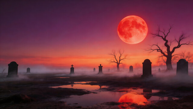Graveyard at dusk with red moon
