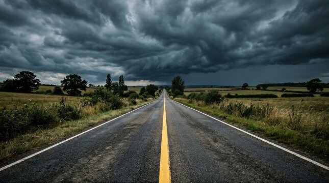 Empty asphalt road under dark dramatic storm clouds, straight highway landscape leading to stormy weather.