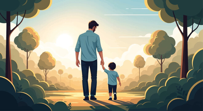 Father, son, walking, hand in hand, outdoors, sunny, vector illustration, family, bonding, nature