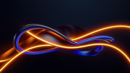 Naklejka premium Abstract neon lines intertwine, creating luminous shapes. Orange, blue glow against dark background. Modern digital art.