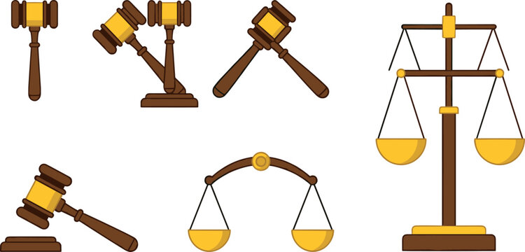 Gavel and balance scale set with justice legal symbols vector illustration.