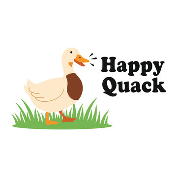 Cartoon duck with happy quack text on grass green grass