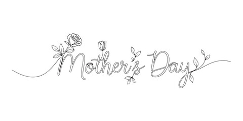 Obraz premium Minimalist single line drawing of Mother's Day text with a heart symbol.