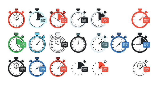 Stopwatch Collection: Time Measurement Icons, Start Stop Buttons, Various Colors