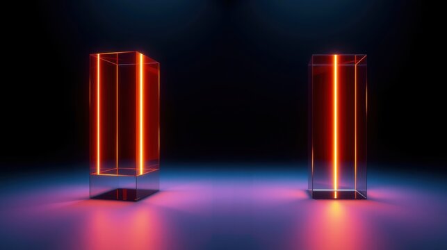 Glowing rectangular prisms stand against dark backdrop. Bright orange light emanates from within glass structures, creating vibrant scene.
