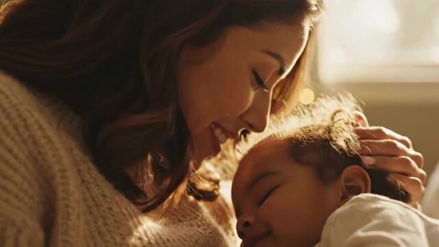 A heartwarming and tender moment as a loving mother gently caresses her peacefully sleeping baby, showcasing a deep maternal bond