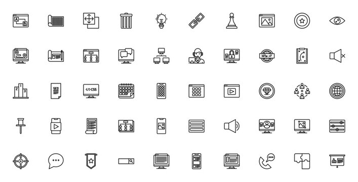 SEO icon set. Minimal vector icons pack. Includes symbols for website, search, link, rank, code, content, network, target, and more. Editable thin line stroke.